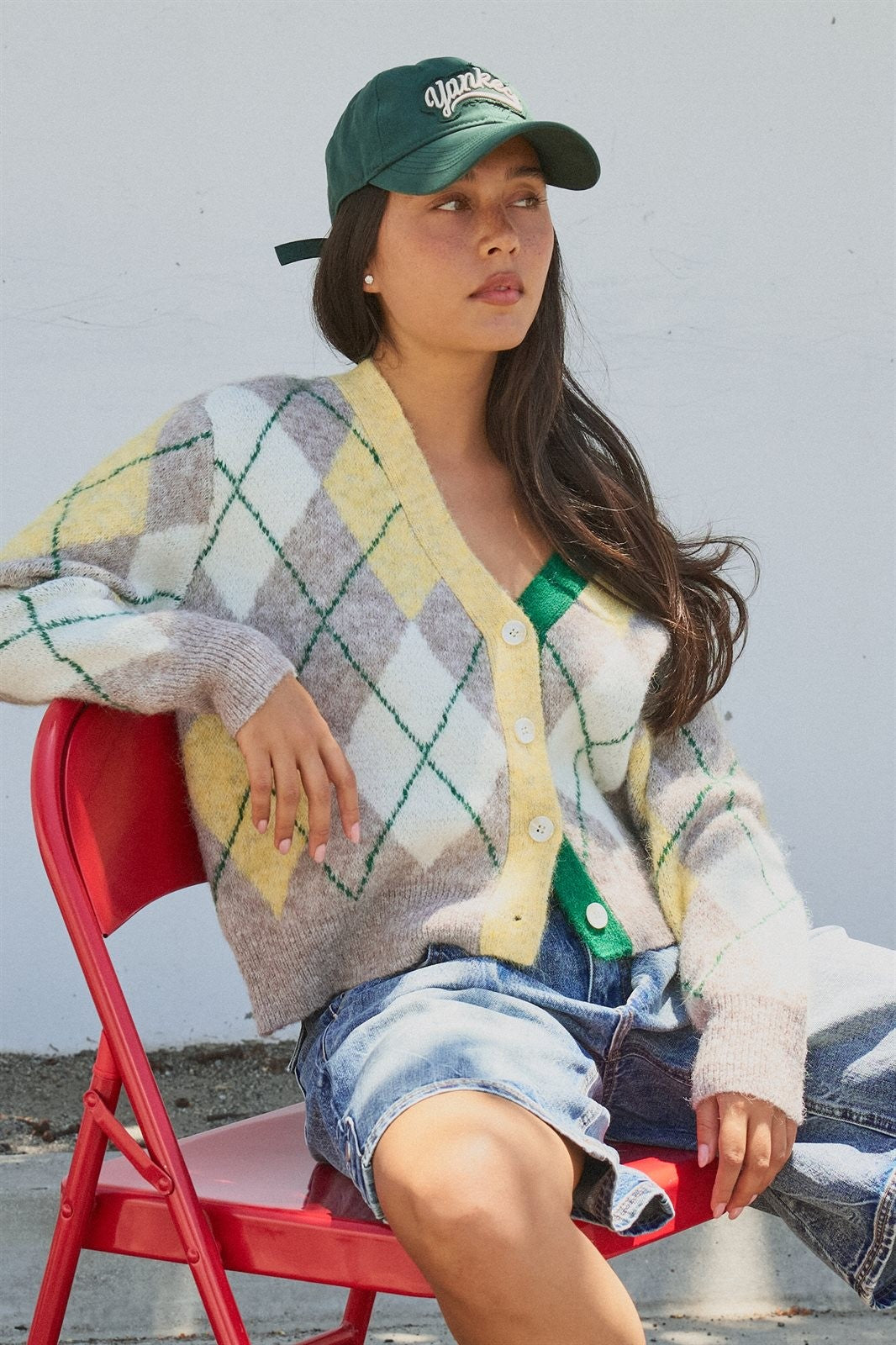 Pastel Argyle V-Neck Cropped Knit Cardigan in Green - Women's Fashion | Urban Daizy