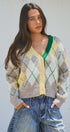 Pastel Argyle V-Neck Cropped Knit Cardigan in Green - Women's Fashion | Urban Daizy