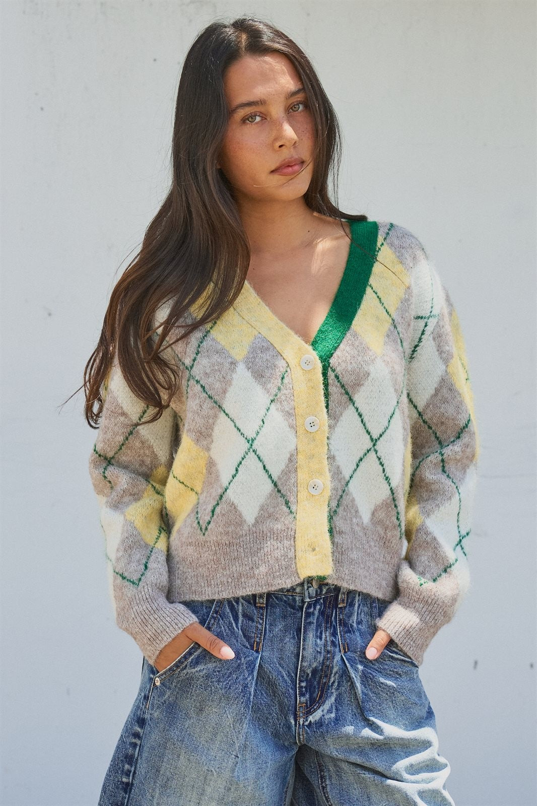 Pastel Argyle V-Neck Cropped Knit Cardigan in Green - Women's Fashion | Urban Daizy