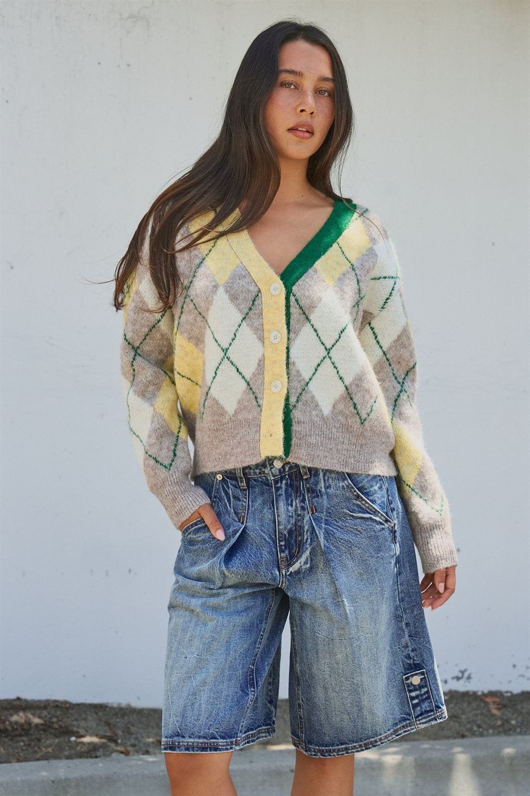 Pastel Argyle V-Neck Cropped Knit Cardigan in Green - Women's Fashion | Urban Daizy