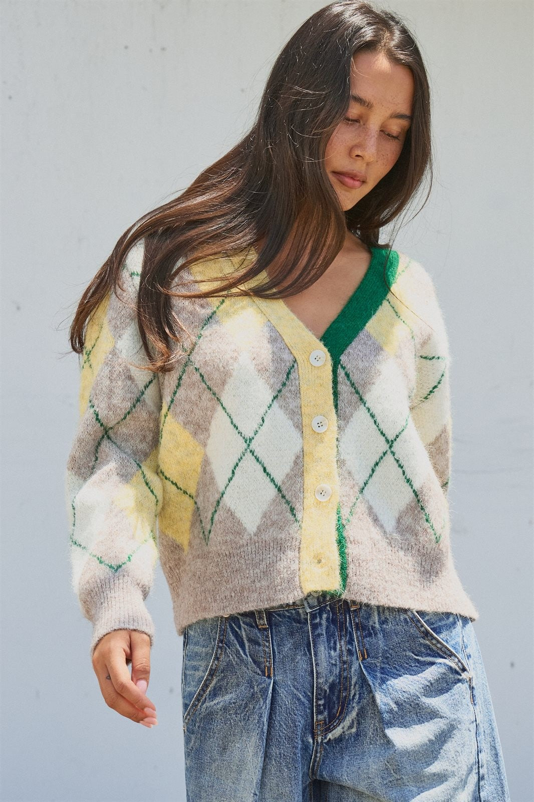 Pastel Argyle V-Neck Cropped Knit Cardigan in Green - Women's Fashion | Urban Daizy