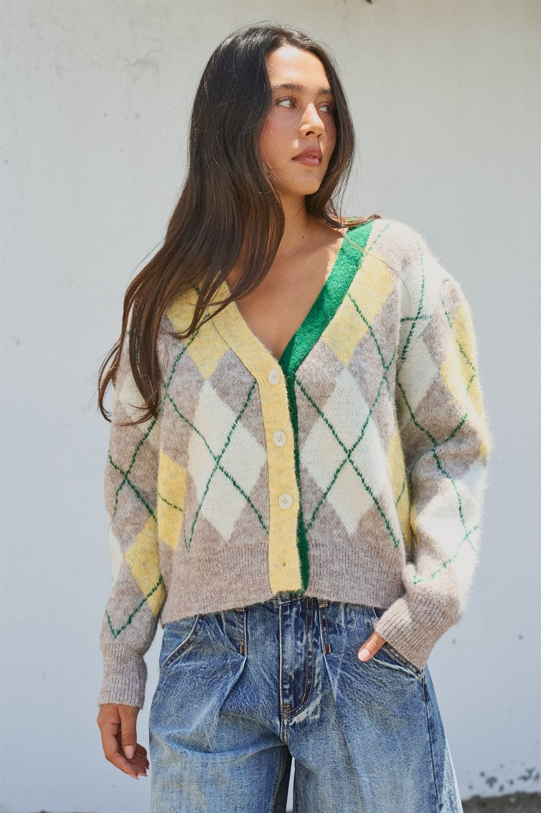 Pastel Argyle V-Neck Cropped Knit Cardigan in Green - Women's Fashion | Urban Daizy