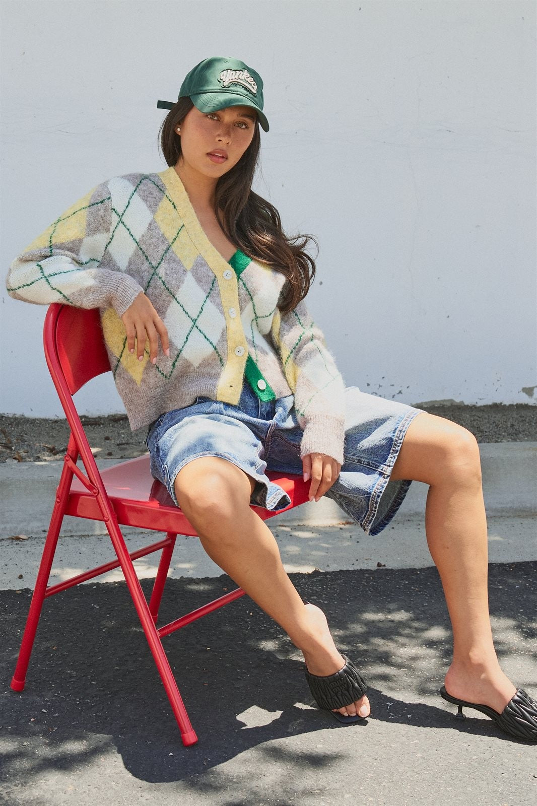 Pastel Argyle V-Neck Cropped Knit Cardigan in Green - Women's Fashion | Urban Daizy
