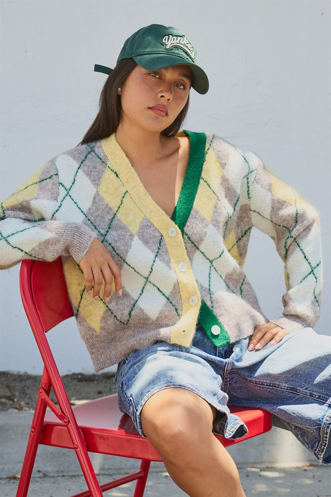 Pastel Argyle V-Neck Cropped Knit Cardigan in Green - Women's Fashion | Urban Daizy