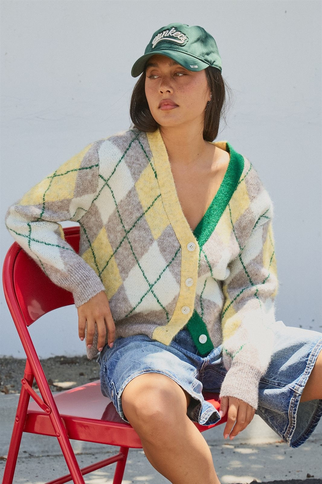Pastel Argyle V-Neck Cropped Knit Cardigan in Green - Women's Fashion | Urban Daizy