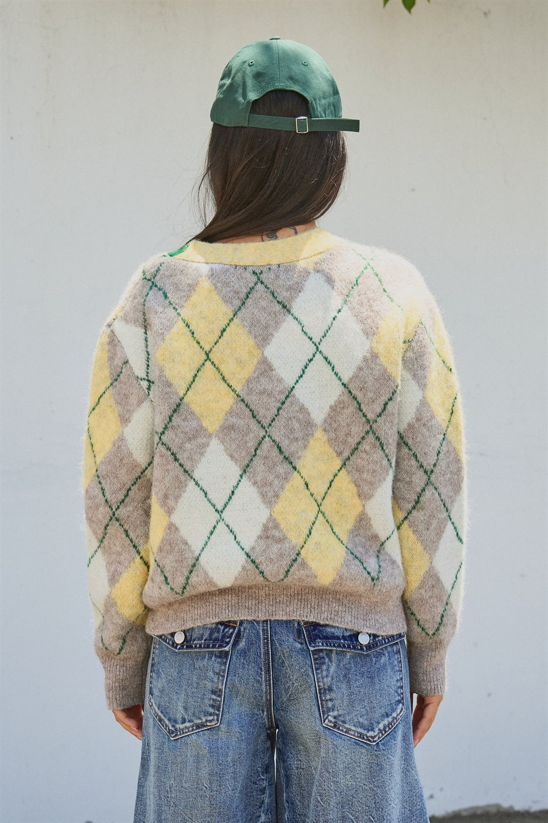 Pastel Argyle V-Neck Cropped Knit Cardigan in Green - Women's Fashion | Urban Daizy
