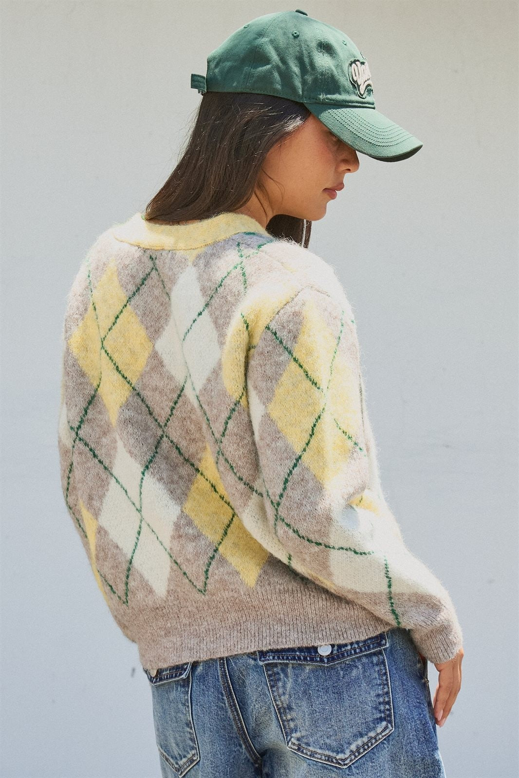Pastel Argyle V-Neck Cropped Knit Cardigan in Green - Women's Fashion | Urban Daizy