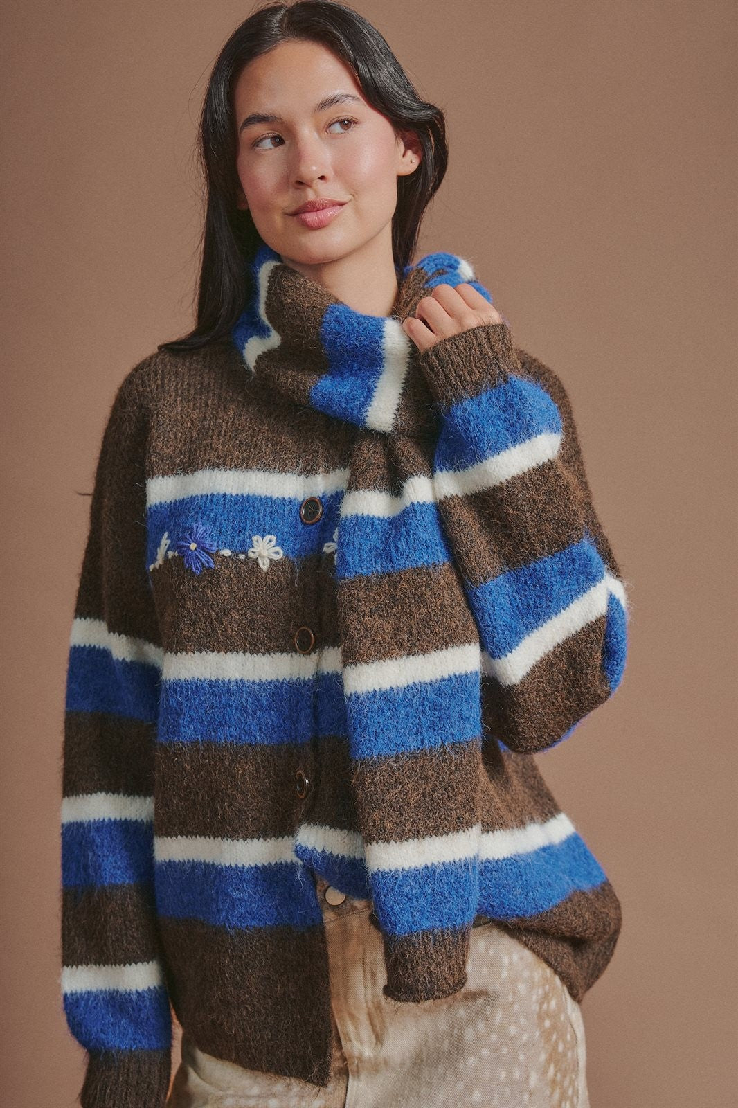 Striped Floral Embroidered Cardigan & Scarf Set in Brown - Women's Cardigans & Shrugs | Urban Daizy