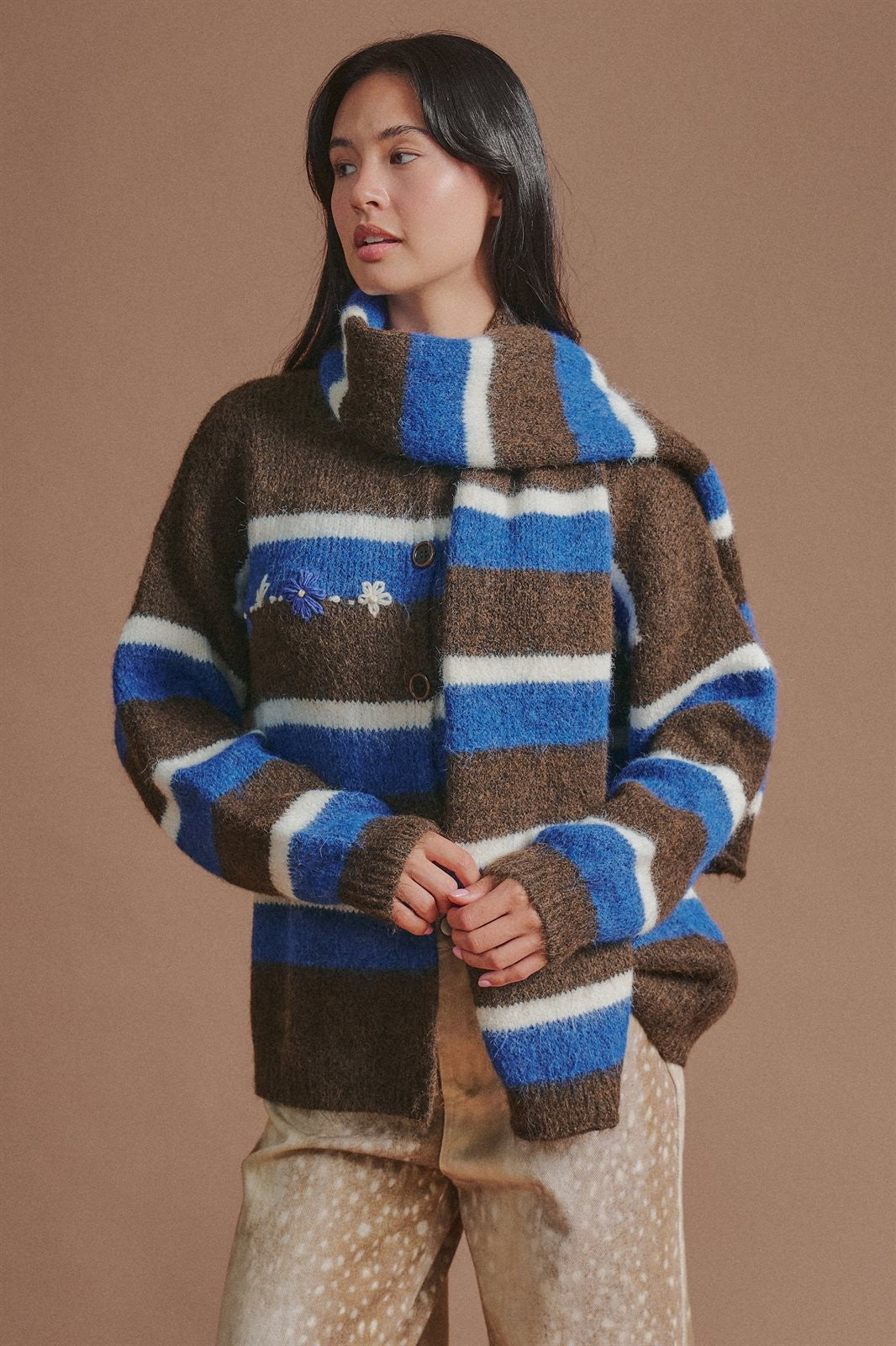 Striped Floral Embroidered Cardigan & Scarf Set in Brown - Women's Cardigans & Shrugs | Urban Daizy