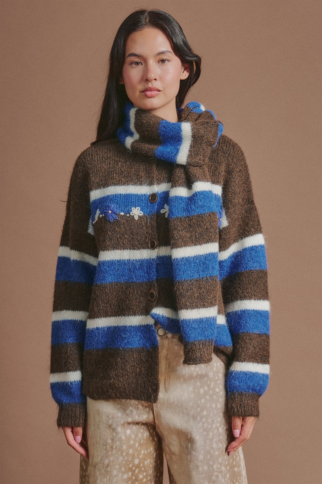 Striped Floral Embroidered Cardigan & Scarf Set in Brown - Women's Cardigans & Shrugs | Urban Daizy
