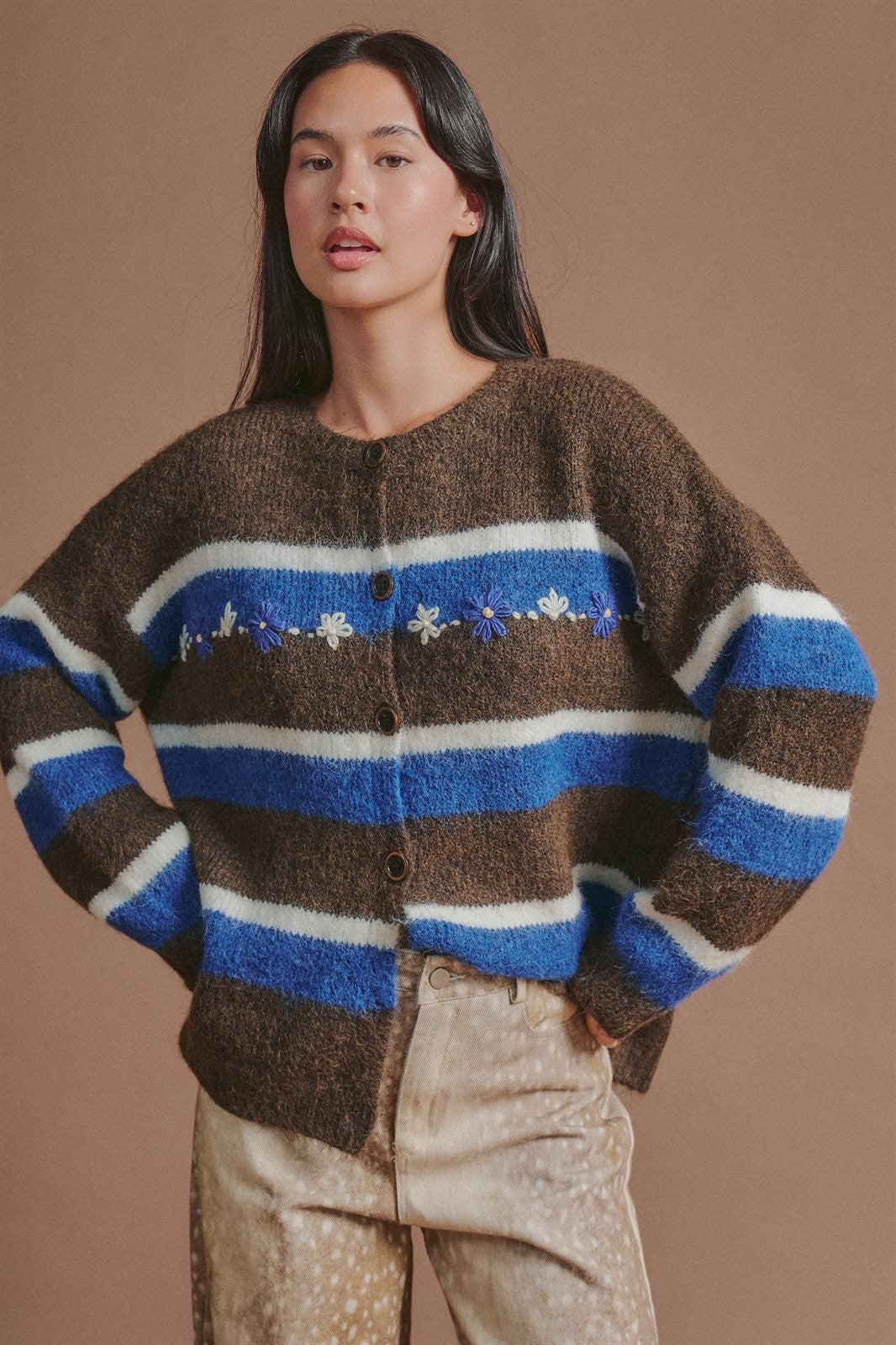 Striped Floral Embroidered Cardigan & Scarf Set in Brown - Women's Cardigans & Shrugs | Urban Daizy