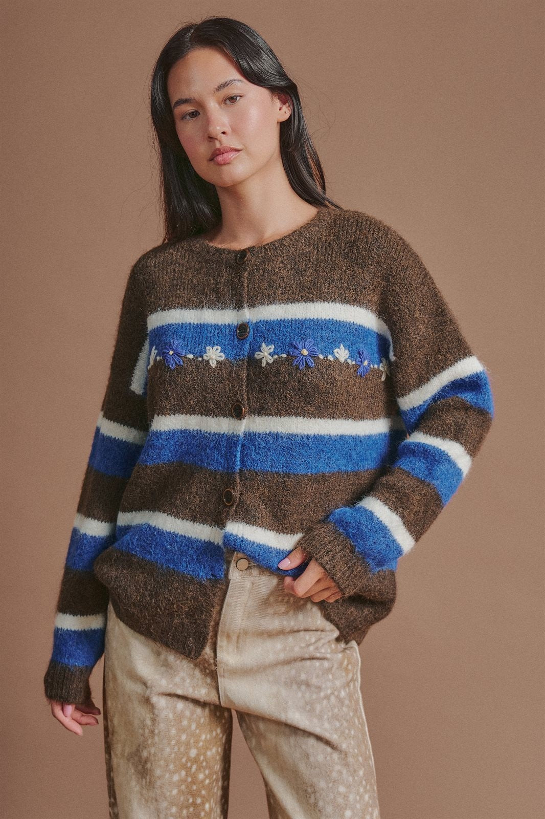 Striped Floral Embroidered Cardigan & Scarf Set in Brown - Women's Cardigans & Shrugs | Urban Daizy