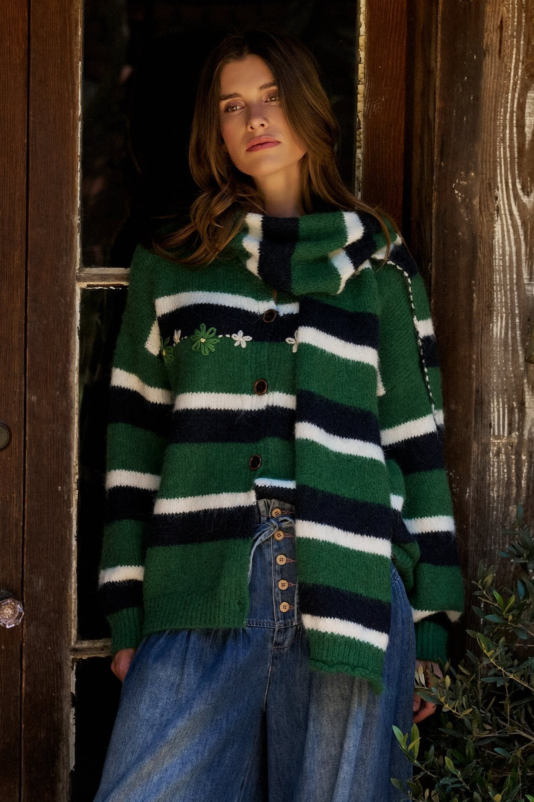 Striped Floral Embroidered Cardigan & Scarf Set in Green - Women's Cardigans & Shrugs | Urban Daizy