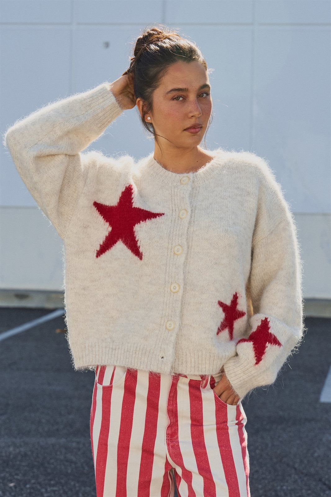 Fuzzy Star Knit Button Up Cardigan in Oatmeal - Women's Fashion | Urban Daizy