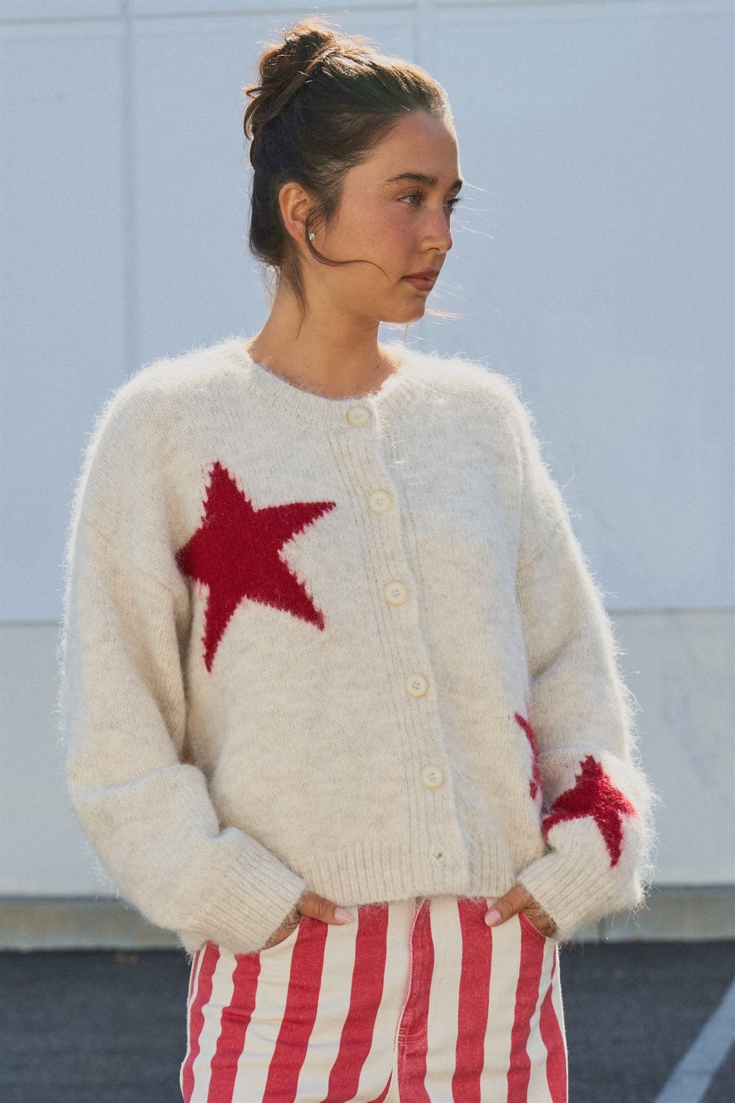 Fuzzy Star Knit Button Up Cardigan in Oatmeal - Women's Fashion | Urban Daizy