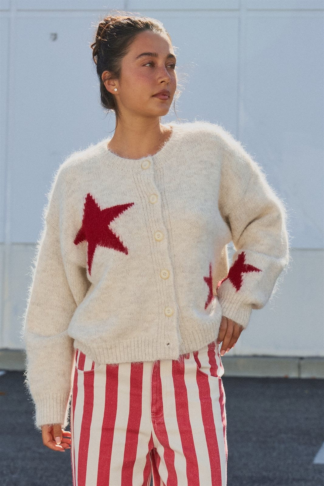 Fuzzy Star Knit Button Up Cardigan in Oatmeal - Women's Fashion | Urban Daizy