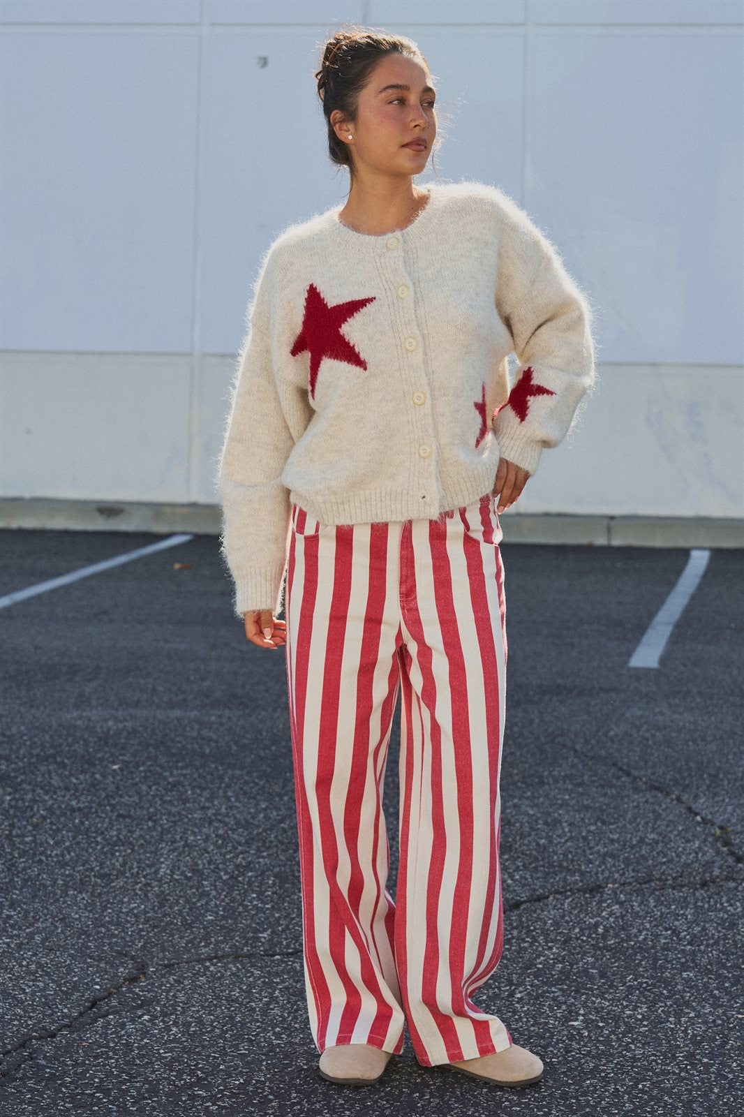 Fuzzy Star Knit Button Up Cardigan in Oatmeal - Women's Fashion | Urban Daizy