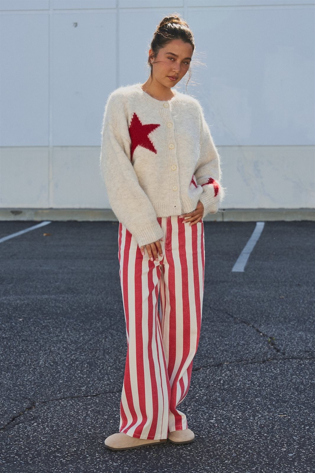 Fuzzy Star Knit Button Up Cardigan in Oatmeal - Women's Fashion | Urban Daizy