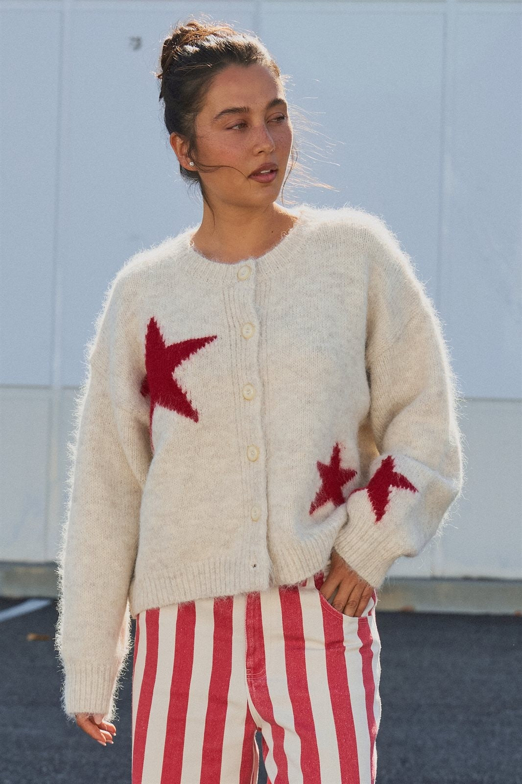 Fuzzy Star Knit Button Up Cardigan in Oatmeal - Women's Fashion | Urban Daizy