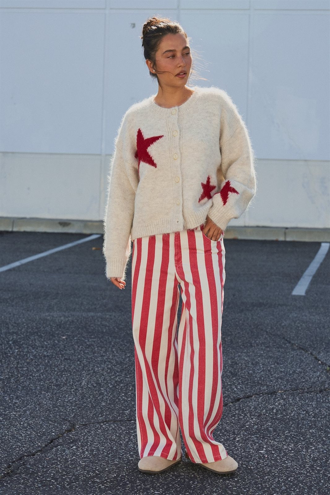 Fuzzy Star Knit Button Up Cardigan in Oatmeal - Women's Fashion | Urban Daizy