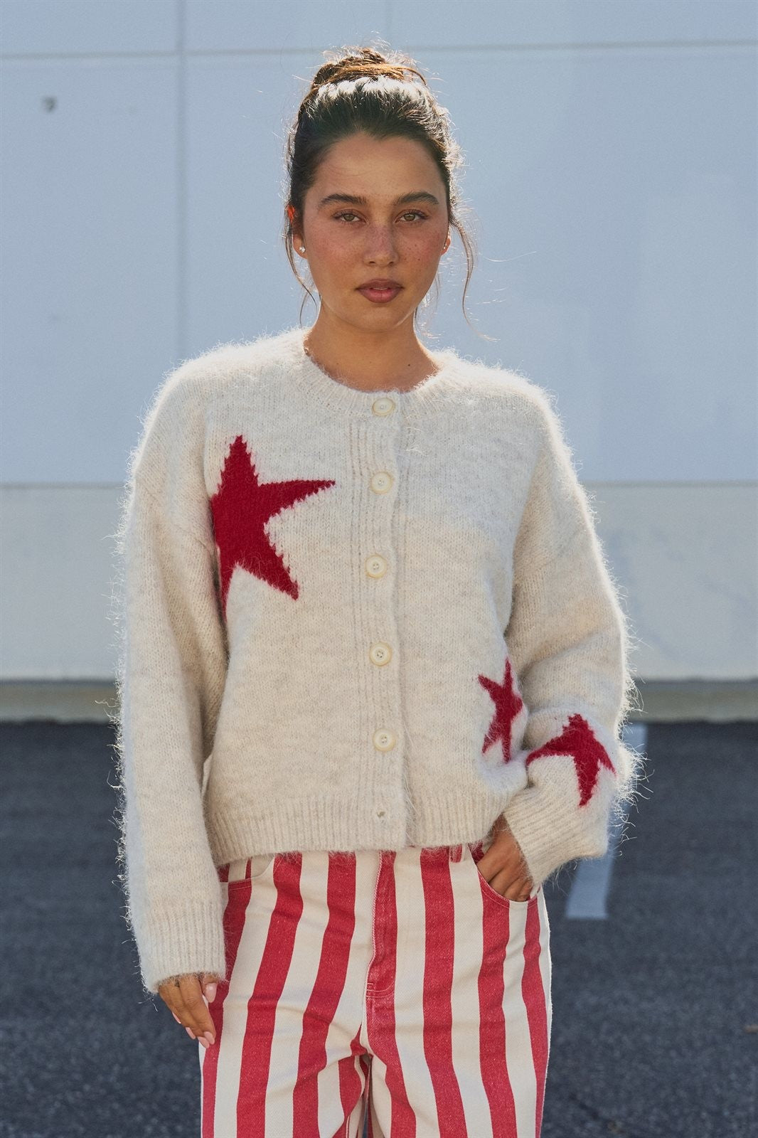 Fuzzy Star Knit Button Up Cardigan in Oatmeal - Women's Fashion | Urban Daizy
