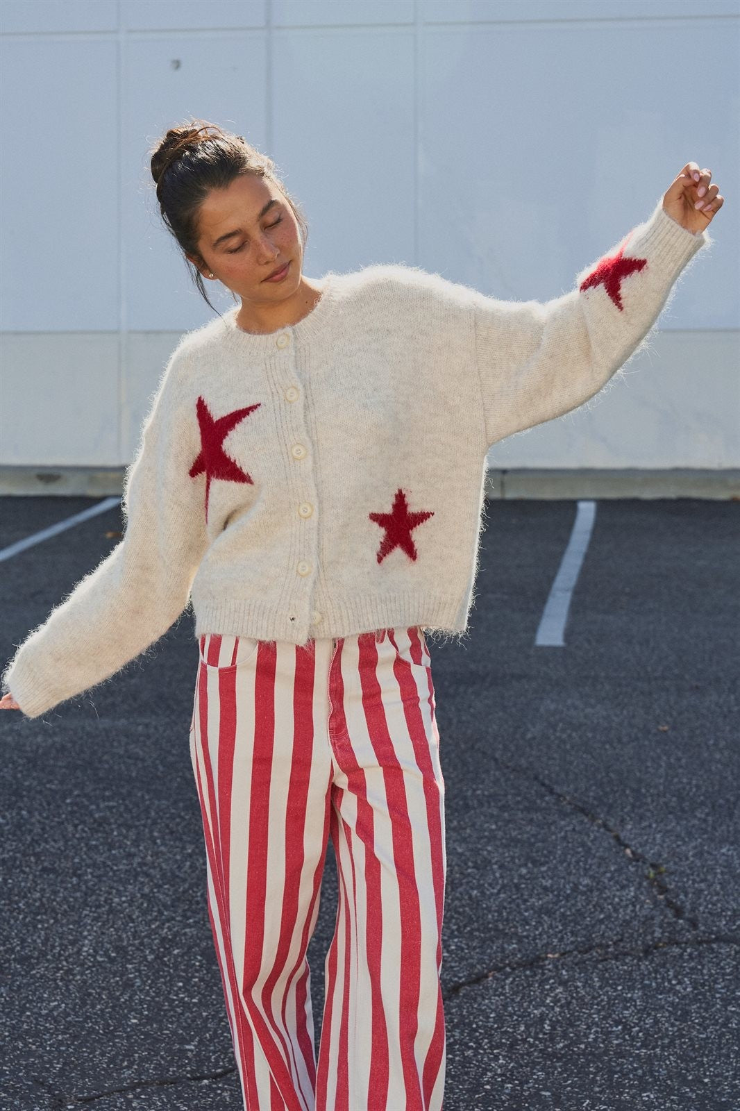 Fuzzy Star Knit Button Up Cardigan in Oatmeal - Women's Fashion | Urban Daizy