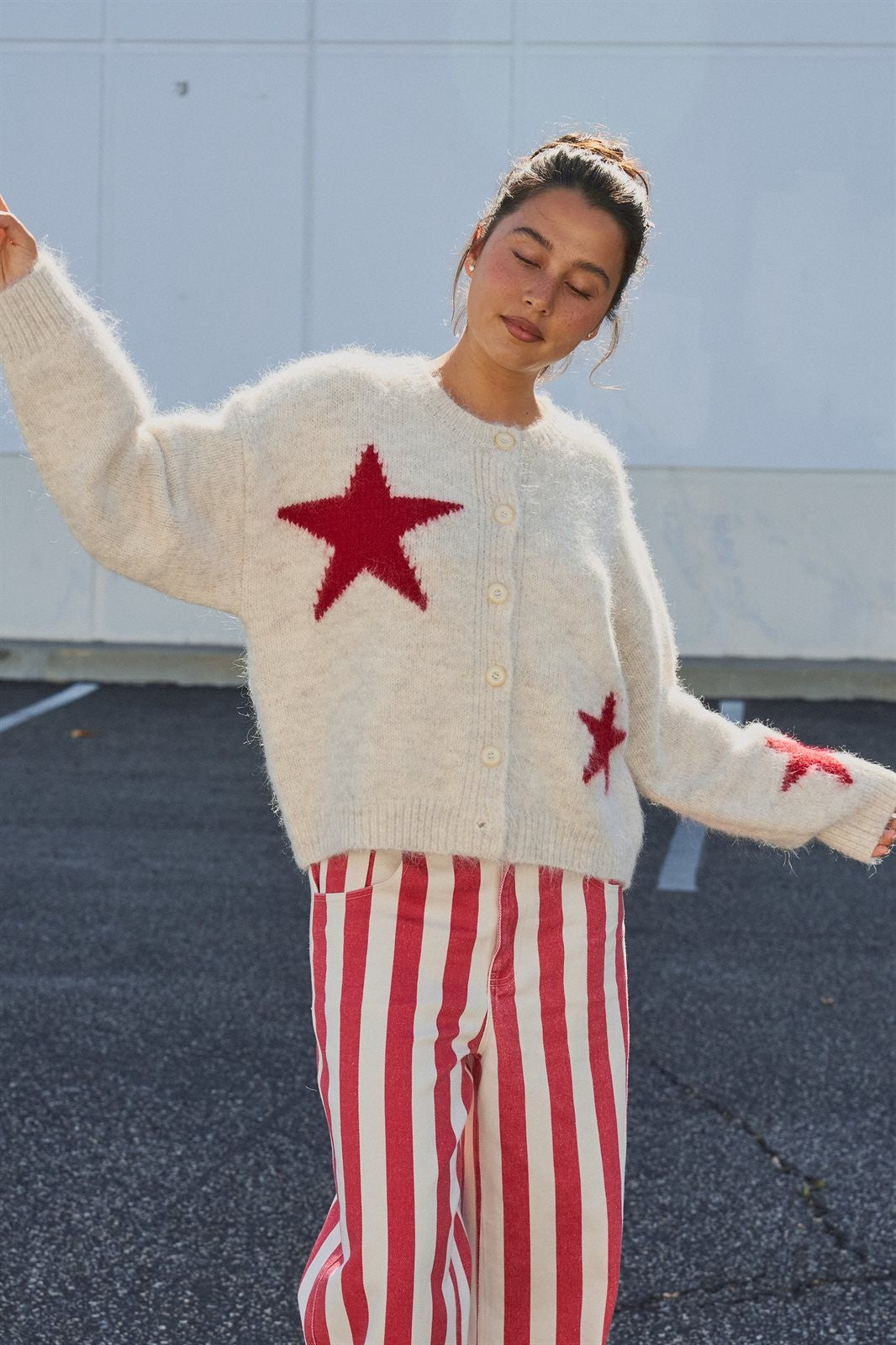 Fuzzy Star Knit Button Up Cardigan in Oatmeal - Women's Fashion | Urban Daizy