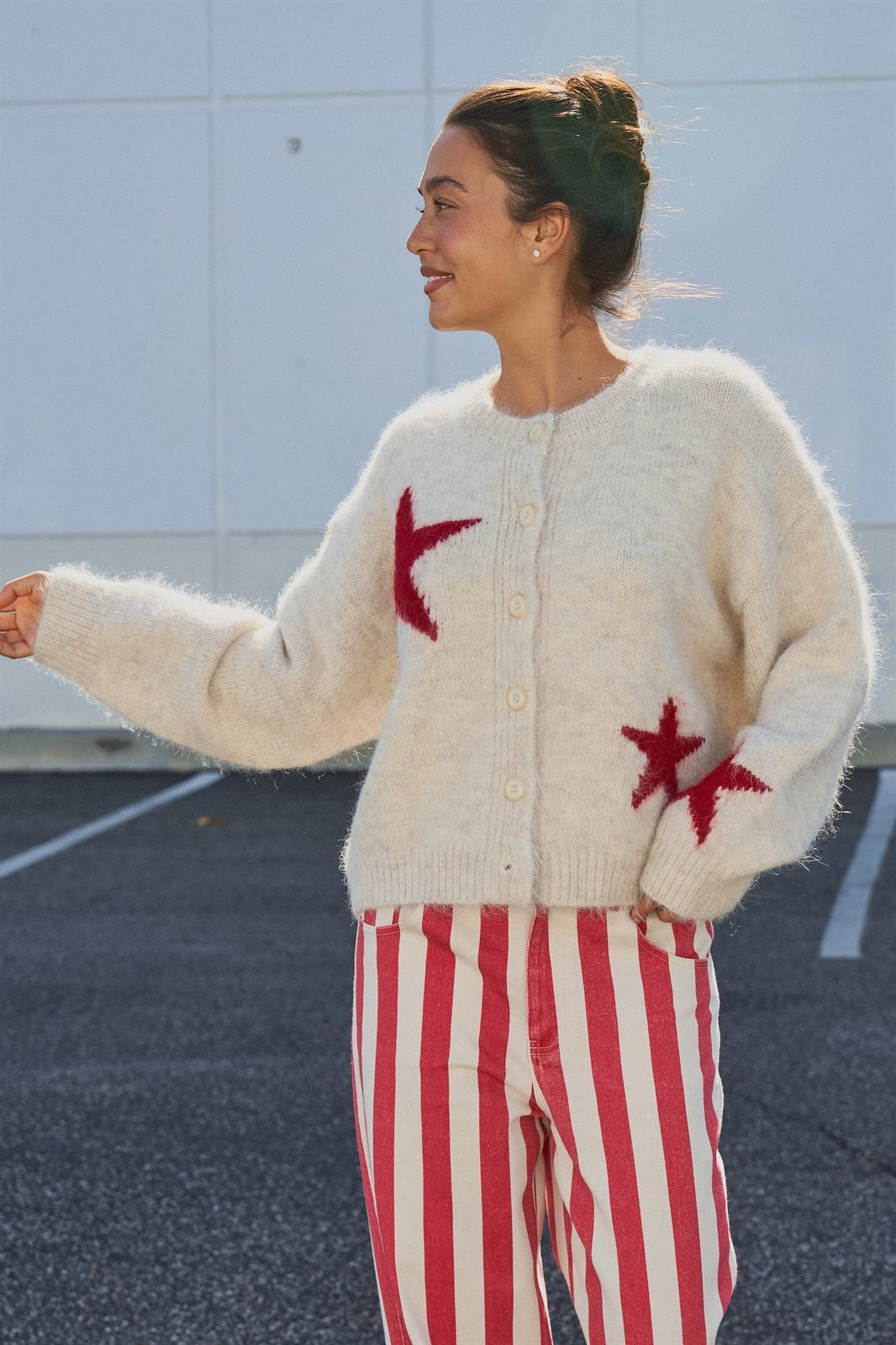 Fuzzy Star Knit Button Up Cardigan in Oatmeal - Women's Fashion | Urban Daizy