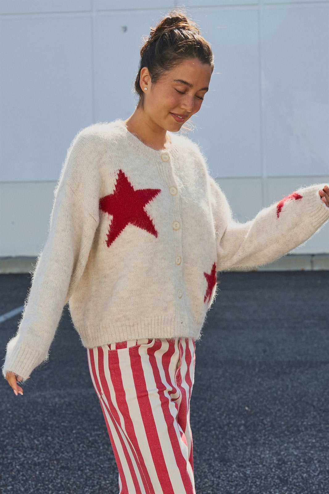 Fuzzy Star Knit Button Up Cardigan in Oatmeal - Women's Fashion | Urban Daizy