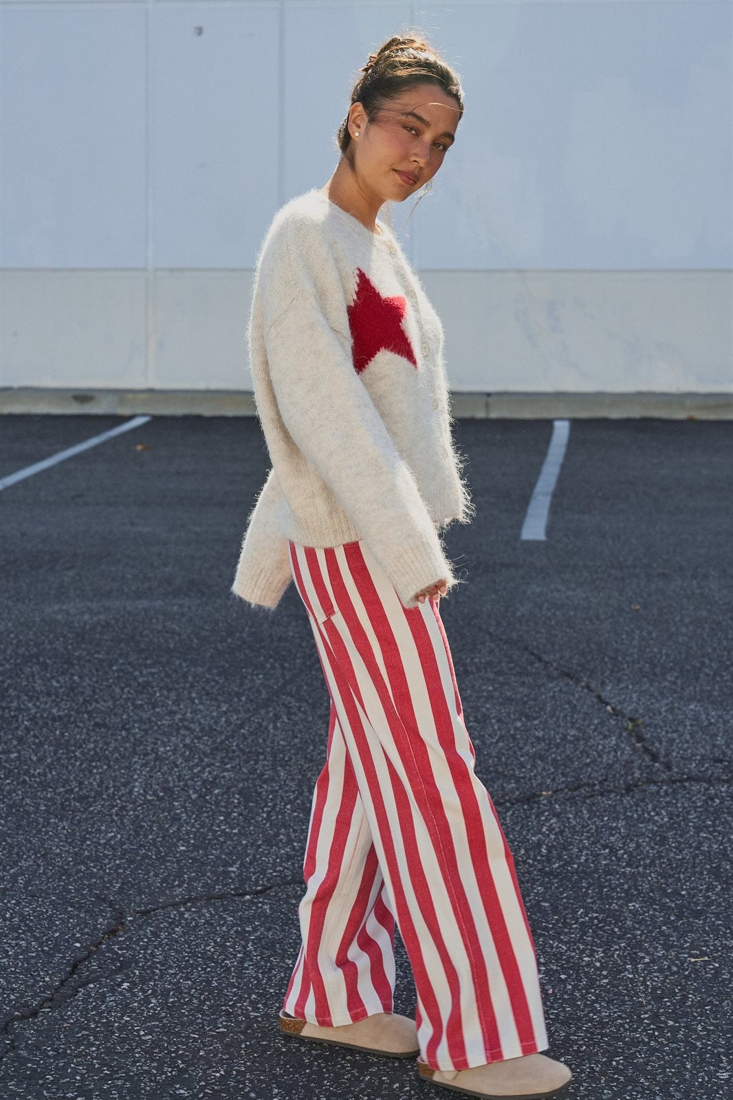 Fuzzy Star Knit Button Up Cardigan in Oatmeal - Women's Fashion | Urban Daizy