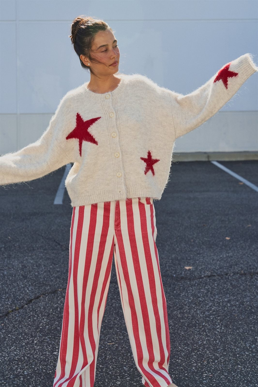 Fuzzy Star Knit Button Up Cardigan in Oatmeal - Women's Fashion | Urban Daizy