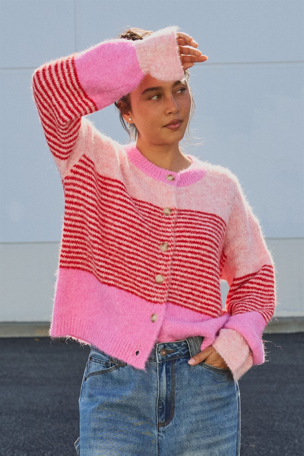 Striped Fuzzy Knit Volume Sleeve Cardigan in Pink - Women's Cardigans & Shrugs | Urban Daizy