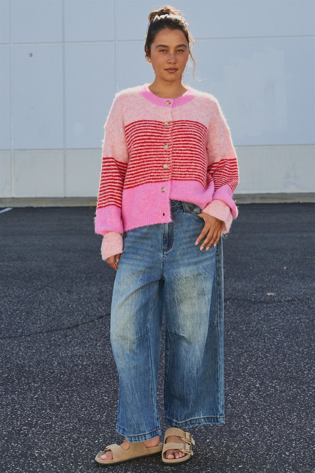 Striped Fuzzy Knit Volume Sleeve Cardigan in Pink - Women's Cardigans & Shrugs | Urban Daizy