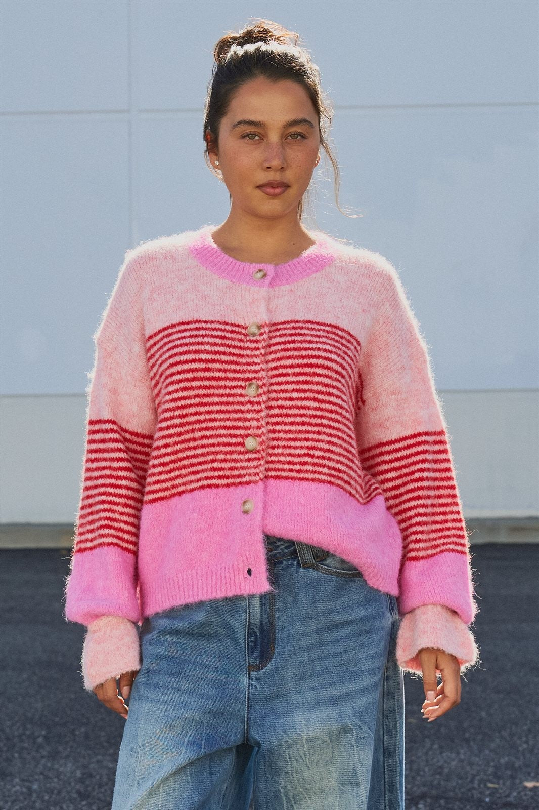 Striped Fuzzy Knit Volume Sleeve Cardigan in Pink - Women's Cardigans & Shrugs | Urban Daizy