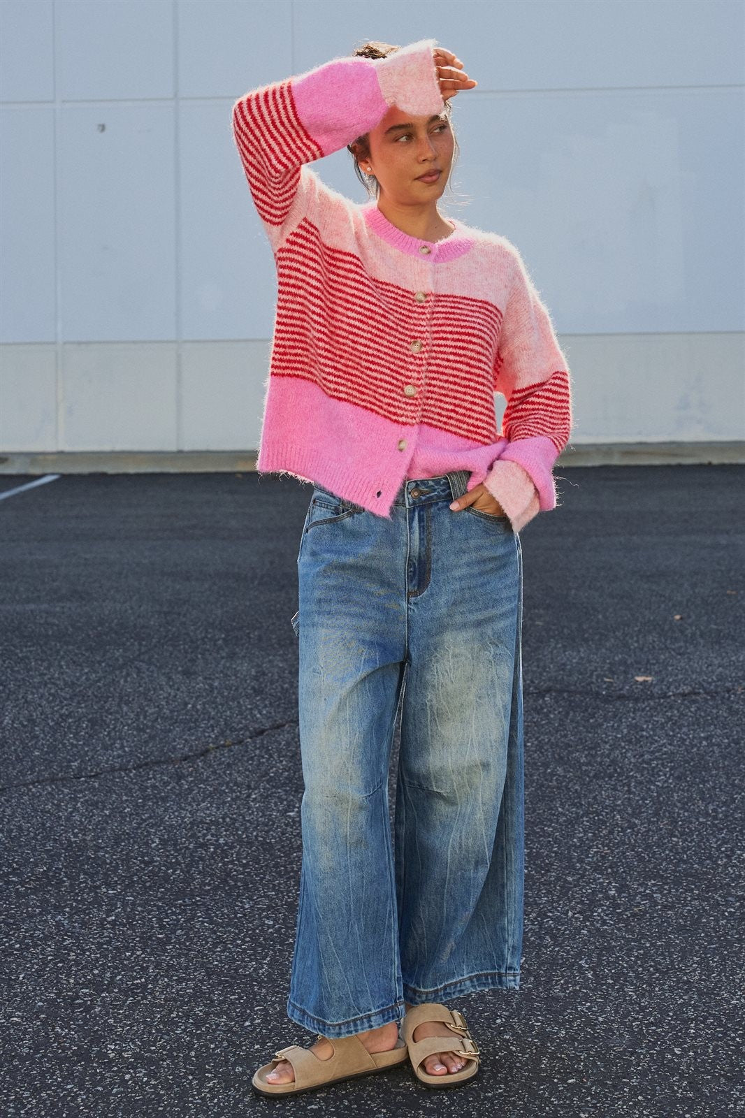 Striped Fuzzy Knit Volume Sleeve Cardigan in Pink - Women's Cardigans & Shrugs | Urban Daizy
