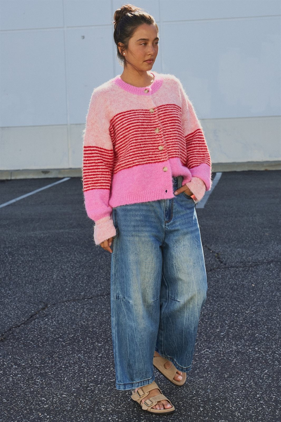 Striped Fuzzy Knit Volume Sleeve Cardigan in Pink - Women's Cardigans & Shrugs | Urban Daizy