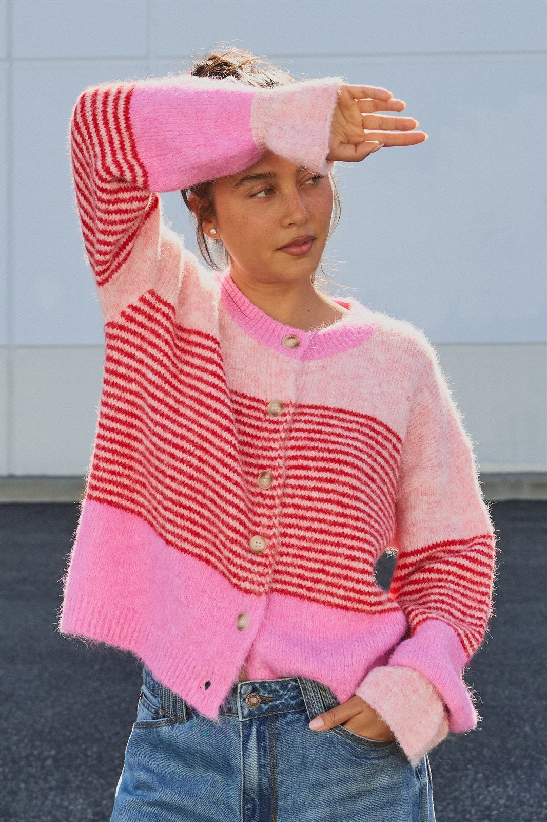 Striped Fuzzy Knit Volume Sleeve Cardigan in Pink - Women's Cardigans & Shrugs | Urban Daizy