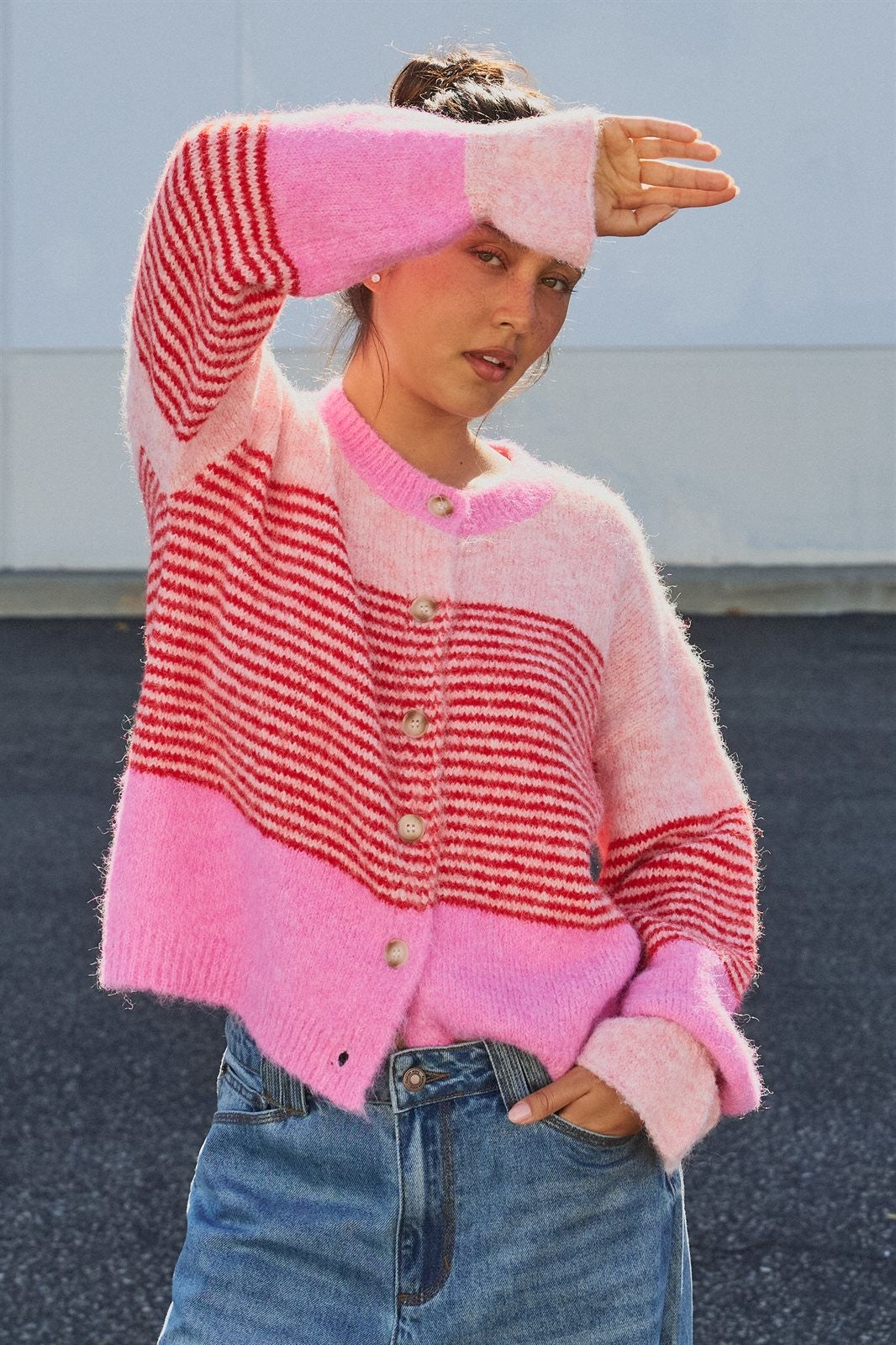 Striped Fuzzy Knit Volume Sleeve Cardigan in Pink - Women's Cardigans & Shrugs | Urban Daizy