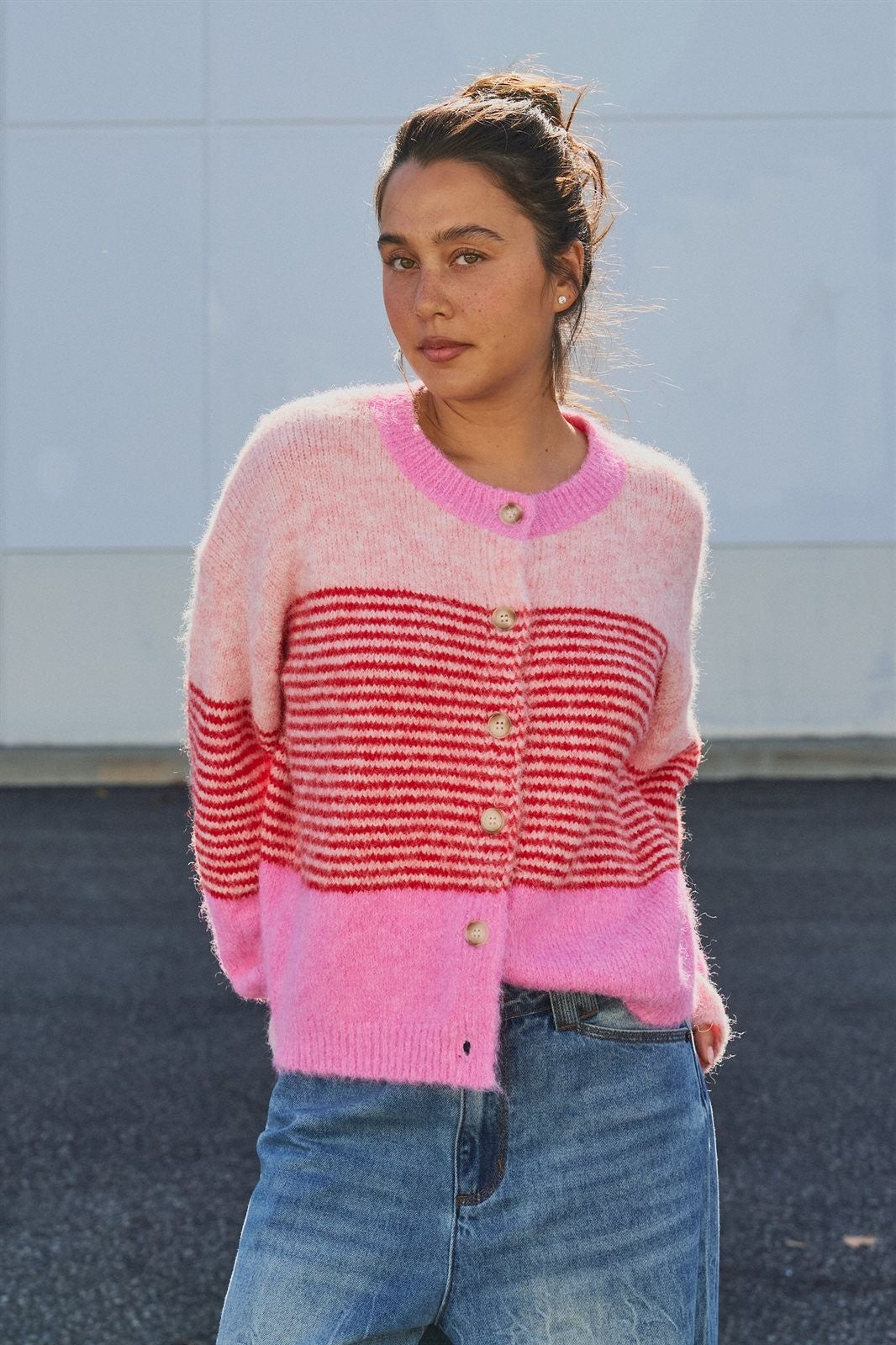 Striped Fuzzy Knit Volume Sleeve Cardigan in Pink - Women's Cardigans & Shrugs | Urban Daizy