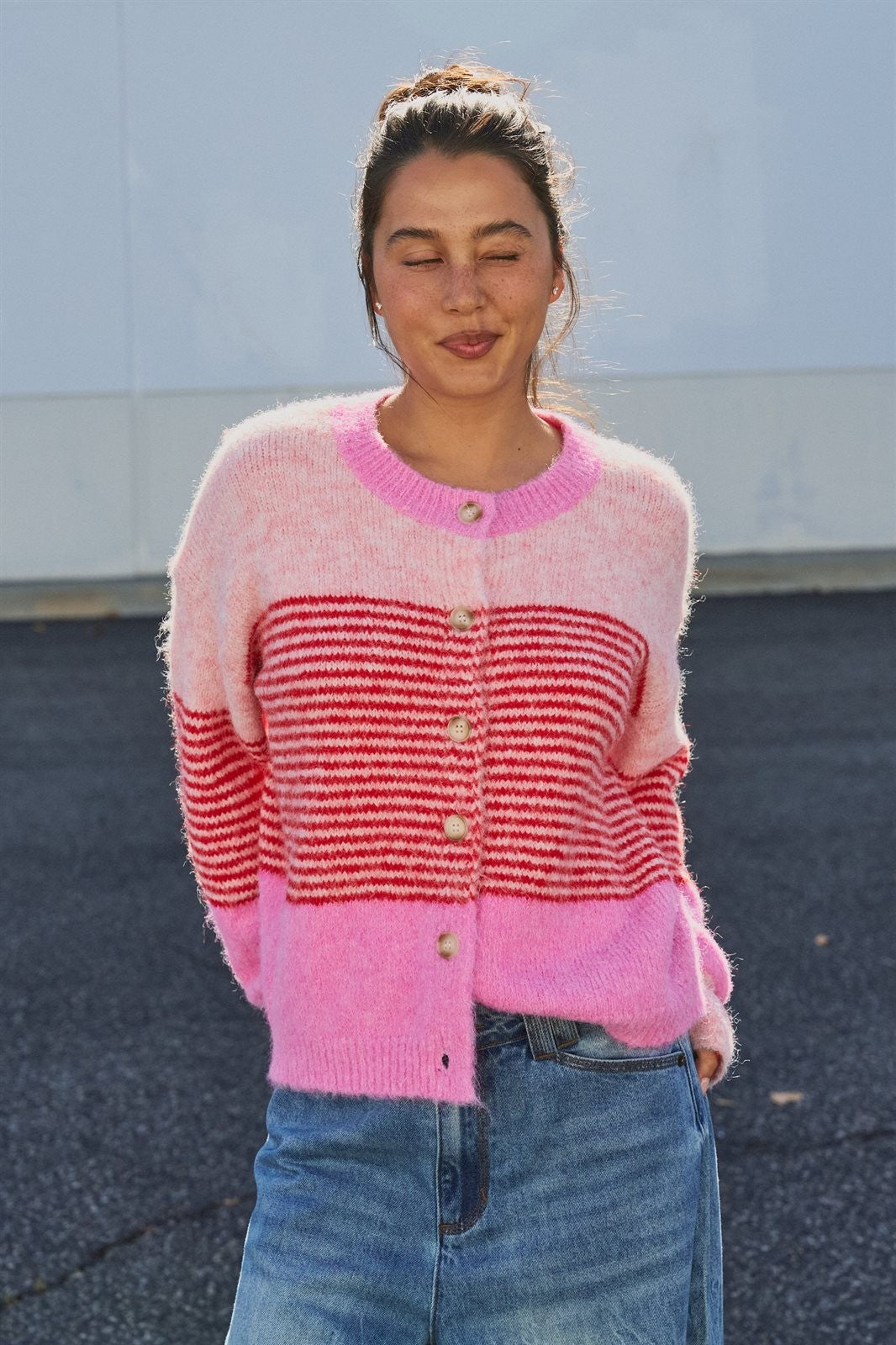 Striped Fuzzy Knit Volume Sleeve Cardigan in Pink - Women's Cardigans & Shrugs | Urban Daizy