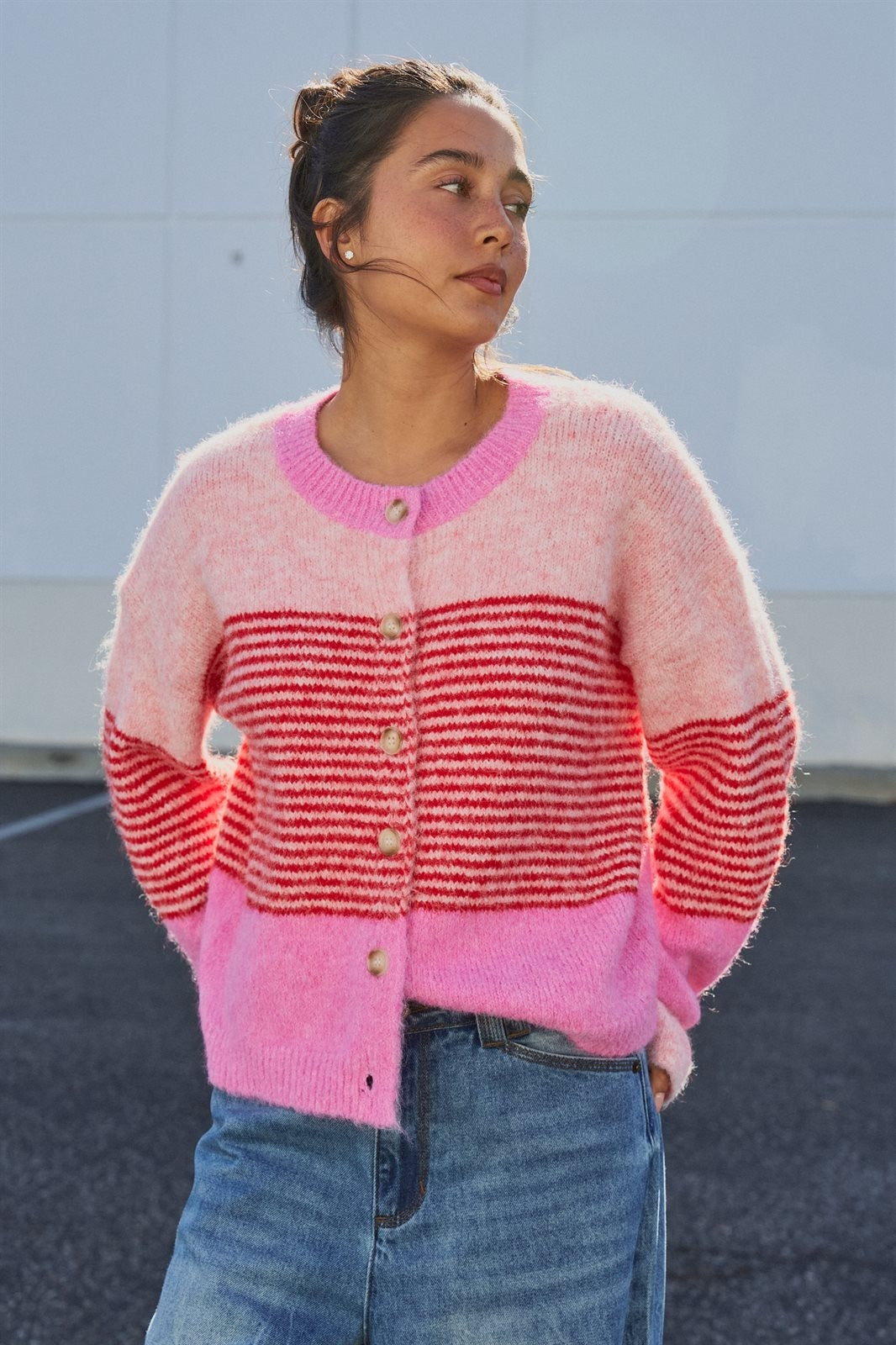 Striped Fuzzy Knit Volume Sleeve Cardigan in Pink - Women's Cardigans & Shrugs | Urban Daizy