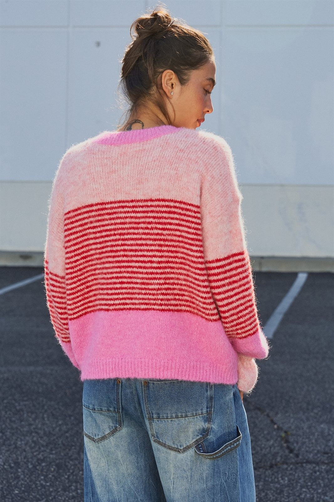 Striped Fuzzy Knit Volume Sleeve Cardigan in Pink - Women's Cardigans & Shrugs | Urban Daizy