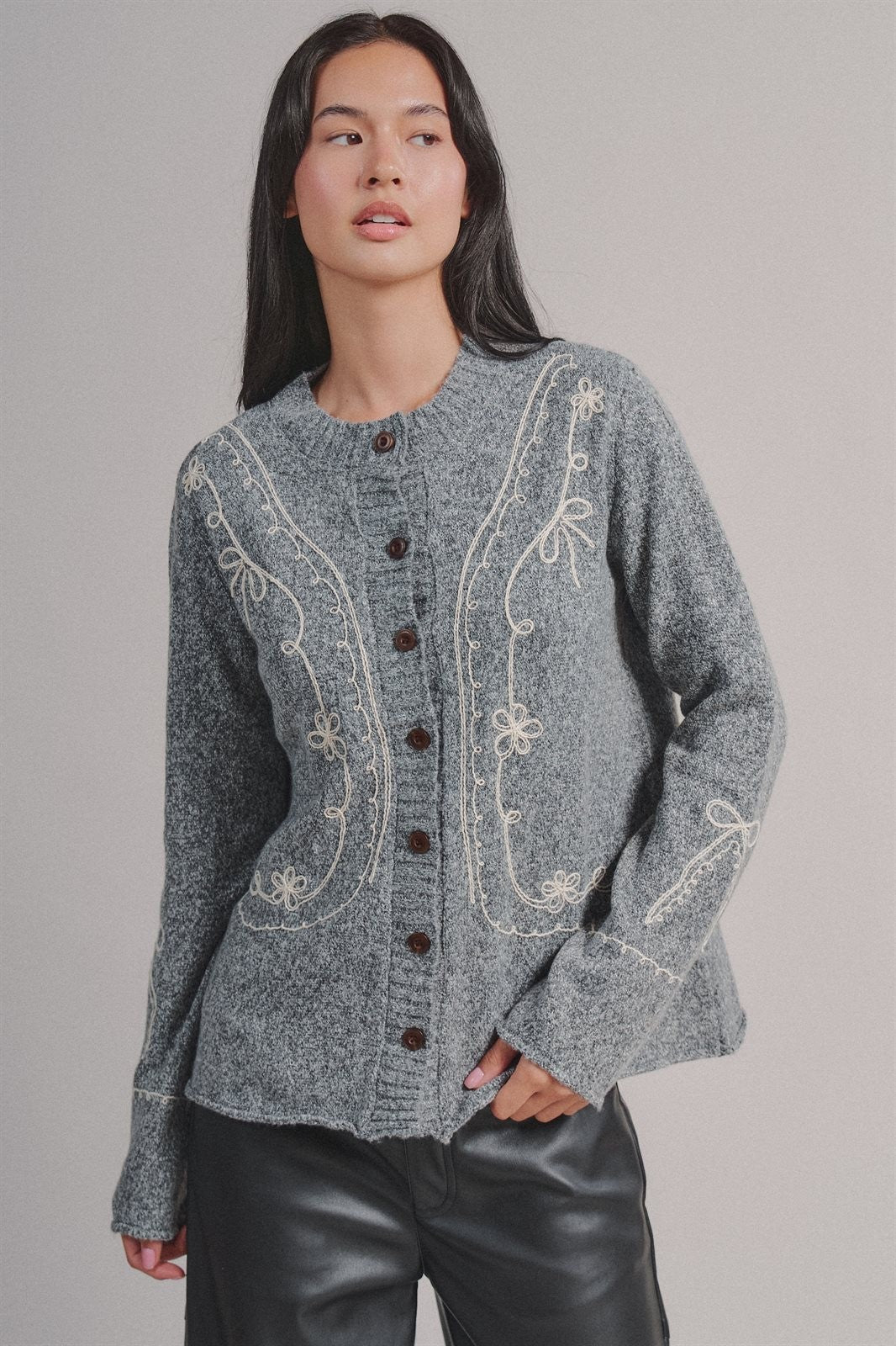 Embroidered Soutache Button Knit Cardigan in Grey - Women's Fashion | Urban Daizy