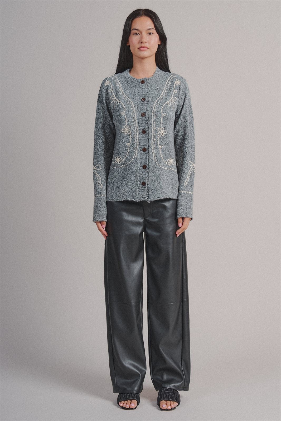 Embroidered Soutache Button Knit Cardigan in Grey - Women's Fashion | Urban Daizy