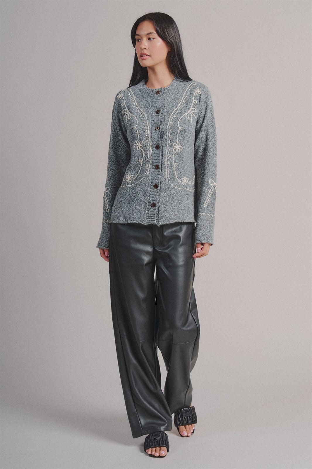 Embroidered Soutache Button Knit Cardigan in Grey - Women's Fashion | Urban Daizy