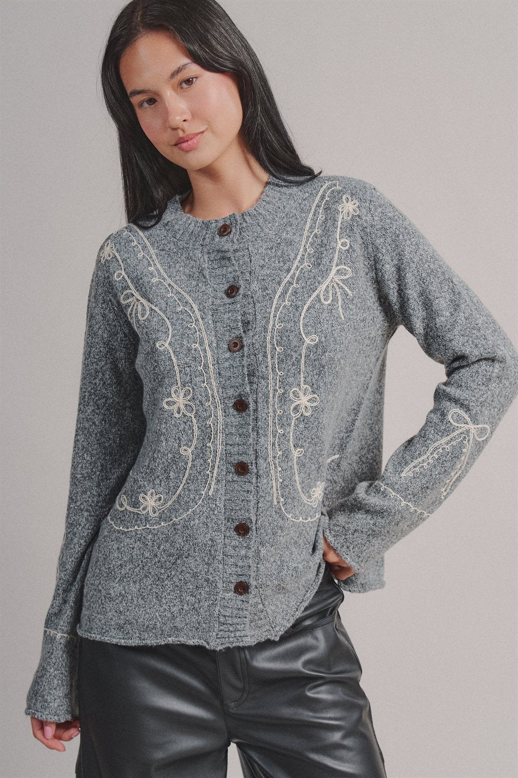 Embroidered Soutache Button Knit Cardigan in Grey - Women's Fashion | Urban Daizy