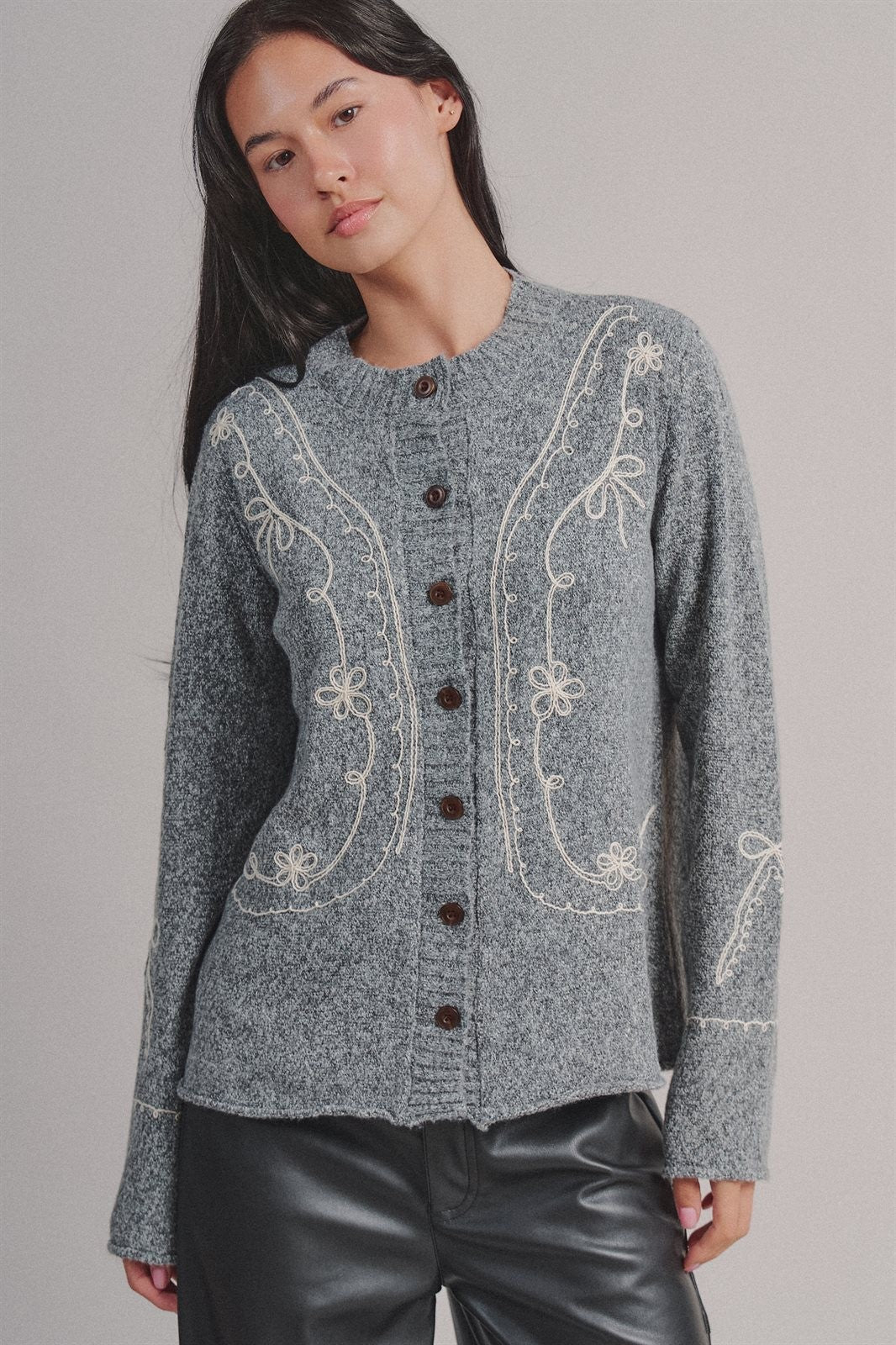 Embroidered Soutache Button Knit Cardigan in Grey - Women's Fashion | Urban Daizy