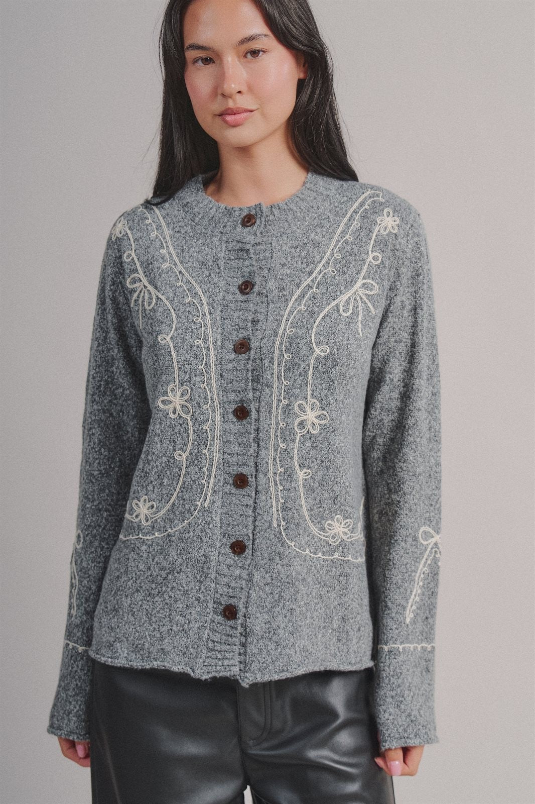 Embroidered Soutache Button Knit Cardigan in Grey - Women's Fashion | Urban Daizy