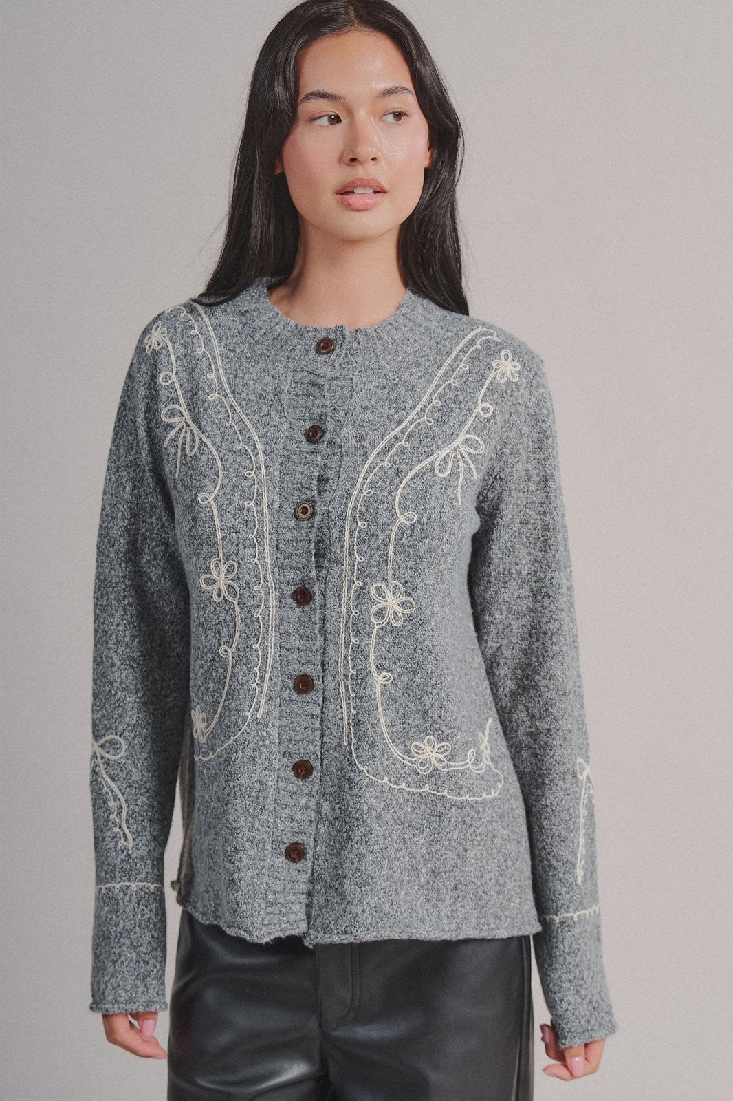 Embroidered Soutache Button Knit Cardigan in Grey - Women's Fashion | Urban Daizy