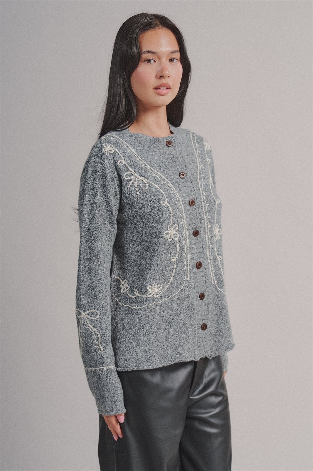 Embroidered Soutache Button Knit Cardigan in Grey - Women's Fashion | Urban Daizy